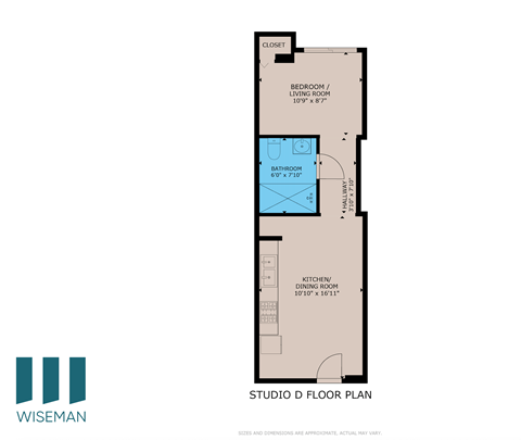 A floor plan for a studio apartment with a bedroom, bathroom, and kitchen.